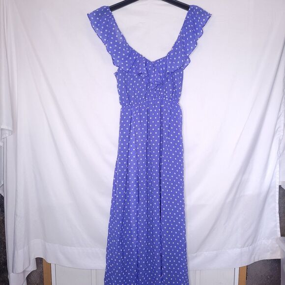 Lovers + Friends Maxi Dress Small Polka Dot Blue, White Ruffle NWOT - Picture 1 of 7